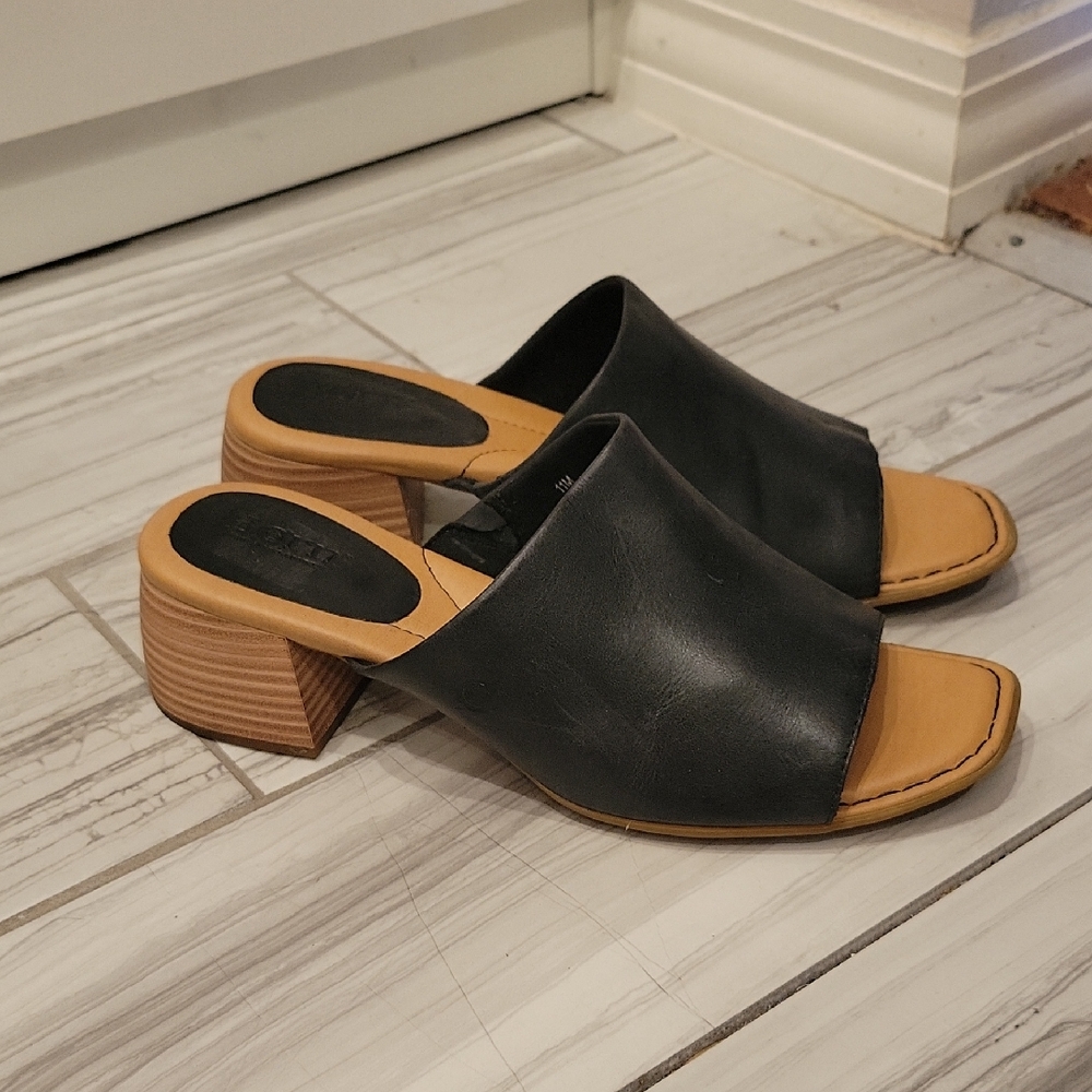 Born Black Leather Block Heel Mules